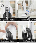 Heavy Hitting 10 In 1 Steam Mop With Detachable Handheld Unit showing adjustable modes, flexible angle, water reservoir, and 20ft power cord.