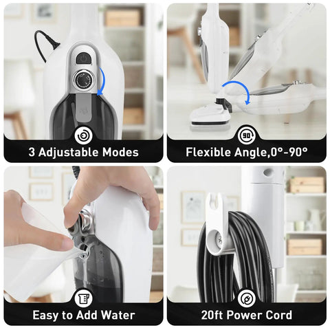 Heavy Hitting 10 In 1 Steam Mop With Detachable Handheld Unit showing adjustable modes, flexible angle, water reservoir, and 20ft power cord.