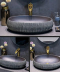 USZWBY Bathroom Vessel Sink Bowl Basin Vintage Bathroom Sinks Household Art Countertop Ceramic Washbasin displayed on grey countertop.