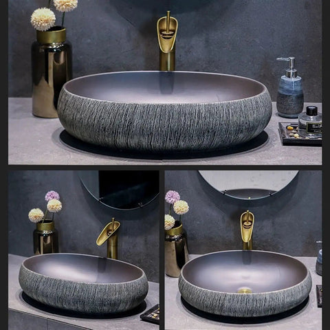 USZWBY Bathroom Vessel Sink Bowl Basin Vintage Bathroom Sinks Household Art Countertop Ceramic Washbasin displayed on grey countertop.