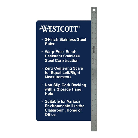 Pro Grade Stainless Steel Ruler With Zero Center Scale And Non Slip Cork Backing For Drafting Design Back To School Projects And Classroom Use 24 Inch Metal Ruler With Features Listed