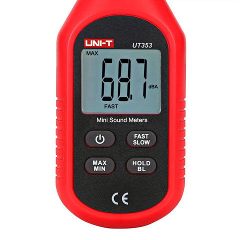 UT353 Decibel Meter Portable Digital Sound Level Meter 30 To 130 dB With Max Min Fast Slow Data Hold LCD Backlit Auto Power Off Lightweight Ergonomic Design For On The Go front view with red handheld case and LCD display