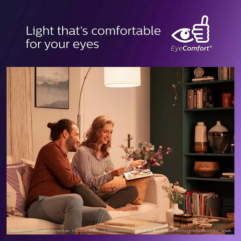 Couple relaxing in living room under 8 Pack LED A19 Light Bulbs 40W Equivalent Soft White 2200K Ultra Definition 95 CRI light