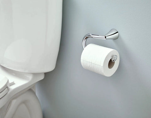 Glyde Brushed Nickel Toilet Paper Holder With Pro Fit Installation near toilet in a bathroom setup