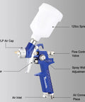 Premium Air Paint Sprayer With 0.8mm Nozzle And 125Cc Gravity Cup showing features like 125cc spray cup and flow control valve.