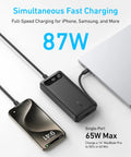 Hella Reliable Portable Charger And 20000 Mah Power Bank With Built In Usb C Cable Delivers Beast Mode Fast Charging For Laptops Phones And Tablets Super Travel Game Changer Black charging a phone and a laptop.
