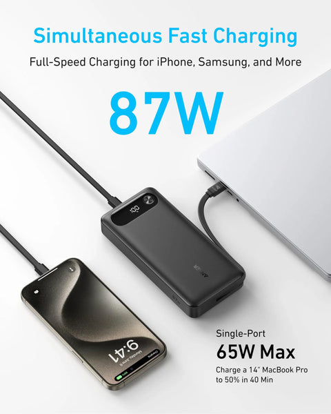 Hella Reliable Portable Charger And 20000 Mah Power Bank With Built In Usb C Cable Delivers Beast Mode Fast Charging For Laptops Phones And Tablets Super Travel Game Changer Black charging a phone and a laptop.