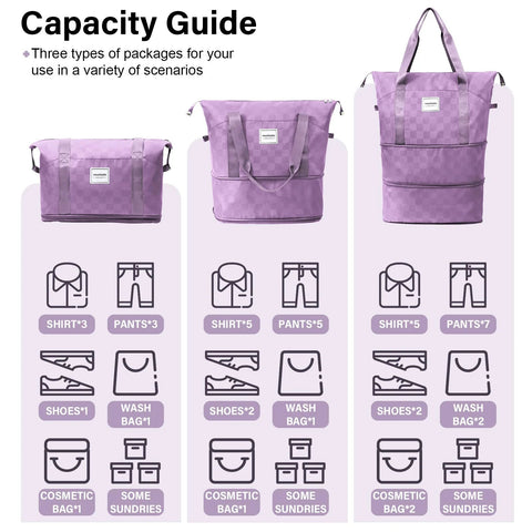 Amazon WOOMADA lavender checkerboard rolling duffel bag with wheels; three views (front, side, folded).