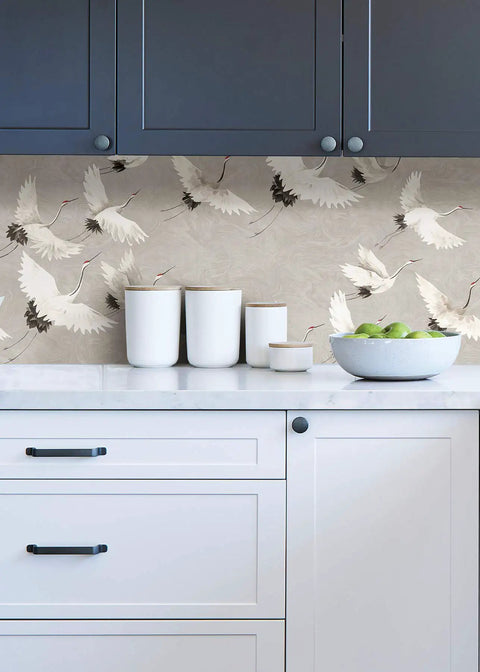 Kitchen view with Halcyon Peel And Stick Grey And White Crane Pattern Wallpaper Removable Contact Paper For Walls.
