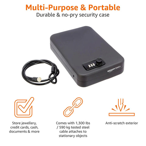Portable Security Case Lock Box Safe with Combination Lock, anti-pry steel, travel ready, large black lockbox for home dorm or office.