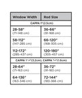 Size chart for Cappa Curtain Rod With Two Matching Finials, Adjustable 66 To 120 Inches, showing window width and rod size options.