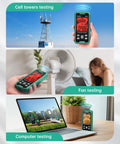 3 In 1 EMF Detector For EF MF And RF And WiFi Radiation Readings in use for cell tower, fan, and computer testing