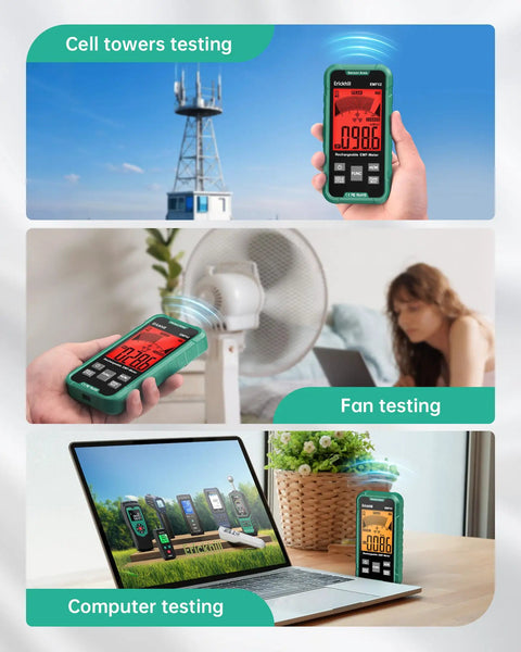 3 In 1 EMF Detector For EF MF And RF And WiFi Radiation Readings in use for cell tower, fan, and computer testing
