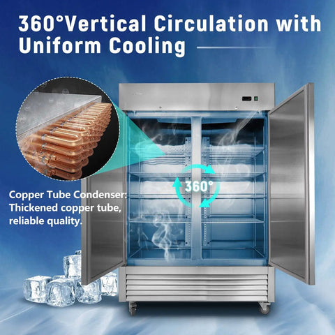 Heavy Duty Workhorse 54 Inch Commercial Freezer Offering 49 Cu Ft Capacity With Double Solid Door And Bulletproof Stainless Steel Build For Restaurant Kitchens And Bars with 360° cooling.
