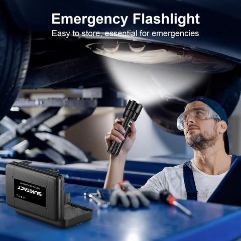 Mechanic using Ridiculously Bright 20000 Lumen USB Rechargeable LED Flashlight, 30W Output, under car for inspection