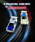 4 Unique Slot Cars Race Track Set For Kids Ages 4 To 12 with LED headlights racing on track at night