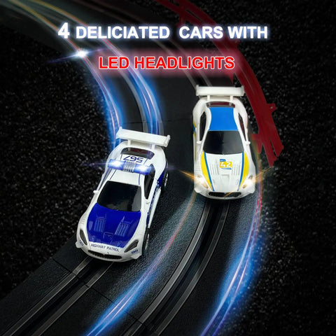 4 Unique Slot Cars Race Track Set For Kids Ages 4 To 12 with LED headlights racing on track at night