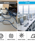 Before and after cable management with Premium 2 3 8 Inch Spring Desk Grommet And Hassle Free Cable Hole Cover For Chill Home Office Cord Management And Smart Wire Organization Smooth Durable Plastic Caps In Black Ten Pack.