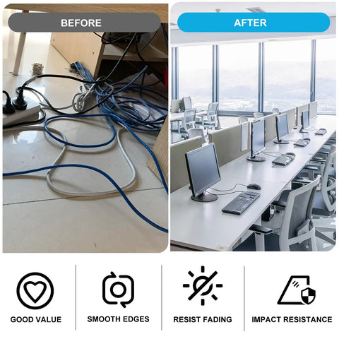 Before and after cable management with Premium 2 3 8 Inch Spring Desk Grommet And Hassle Free Cable Hole Cover For Chill Home Office Cord Management And Smart Wire Organization Smooth Durable Plastic Caps In Black Ten Pack.