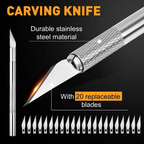 Close-up of carving knife with 20 blades from the All In One Vinyl Weeding Toolkit For DIY Crafters, 33-Piece Set. Stainless material detail.