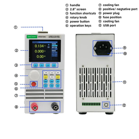 Beast Programmable DC Load Tester 400W 150V 40A With 2.8 Inch TFT Display Constant Current And Constant Voltage Modes USB Power Tester For Power Supplies Chargers And Battery Capacity Testing front and back ports