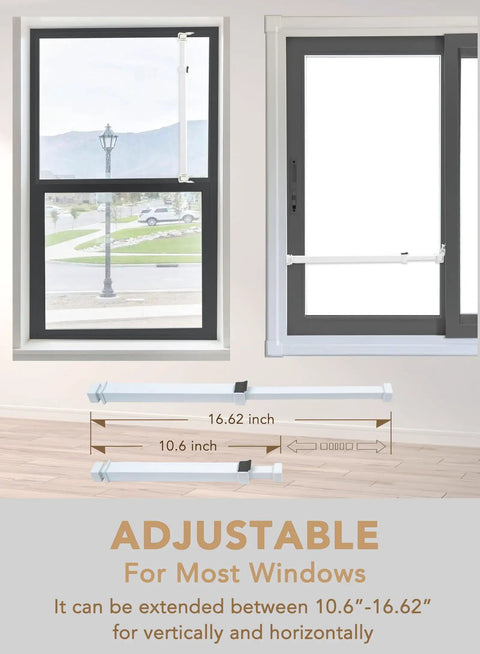 Sliding Glass Door Security Bar Adjustable From 25.75 To 47.5 Inches Keeps Kids Safe And Stays Put Easy Install Rustproof Metal Gate Stopper Fits Most Sliding Doors Space Saving Door Lock Bar For Home And Windows shown in use on windows.
