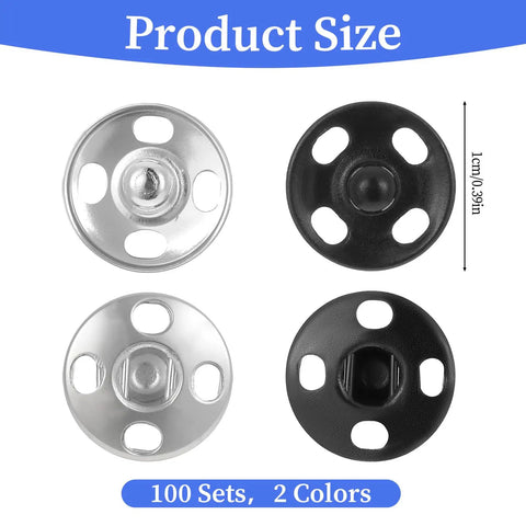 100 Sets Of 10 mm Sew On Snap Buttons For Clothing Metal Snaps Fasteners Press Studs In Black And White Durable Garment Snaps For Sewing Projects Sweet For DIY Garment Crafts And Repairs showing product size and color options