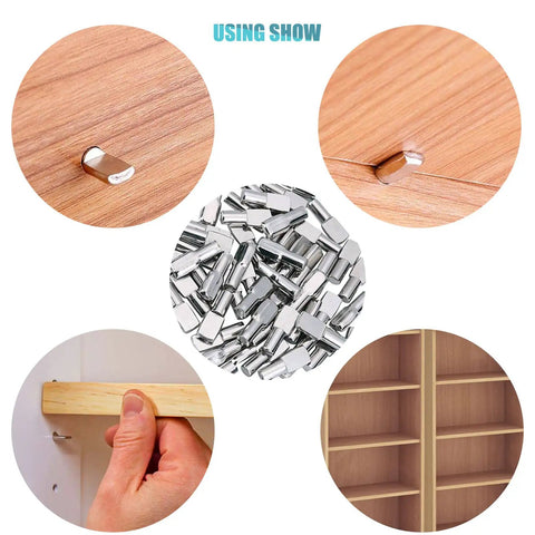 100 Pack Nickel Plated Shelf Pins, 5mm Spoon Shape Shelf Support Pegs for bookshelves and cabinets, close-up and usage examples.