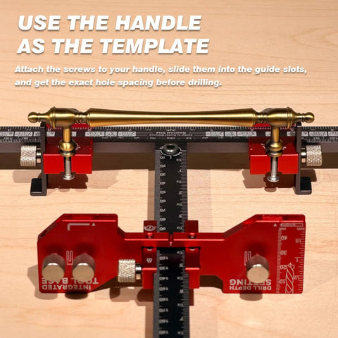 Precision Cabinet Handle Jig With Micro Adjustable Base For Drawer Pull Templates And Hella Smooth Drilling Control on wood table.