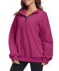 Super Cozy Rose Red Oversized Sweatshirt For Women Half Zip Pullover Top Casual Long Sleeve Fleece Sweatshirt Soft Cotton Polyester Blend