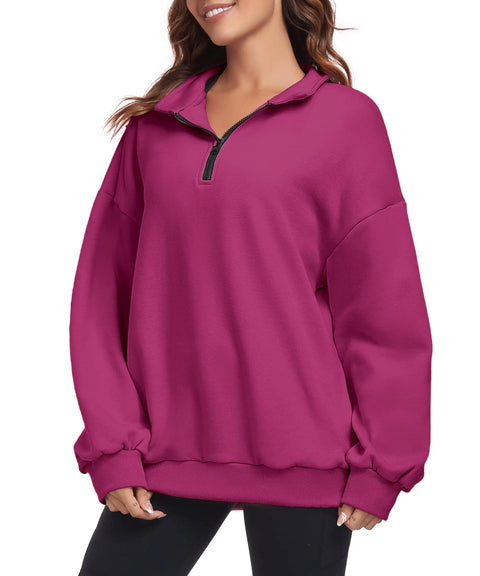 Super Cozy Rose Red Oversized Sweatshirt For Women Half Zip Pullover Top Casual Long Sleeve Fleece Sweatshirt Soft Cotton Polyester Blend