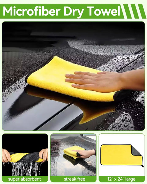 Hand using microfiber towel on wet car surface, part of 62 Inch Long Handle Car Wash Kit With Microfiber Heads, No Scratch Exterior Cleaning
