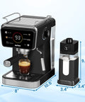 Real Deal Espresso And Americano Machine With Snappy Touchscreen Controls close-up showing 20 bar pressure and 52 oz tank.