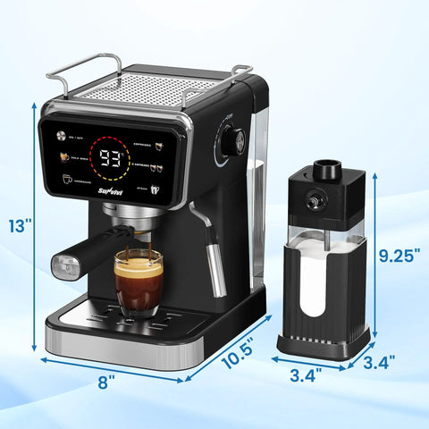 Real Deal Espresso And Americano Machine With Snappy Touchscreen Controls close-up showing 20 bar pressure and 52 oz tank.