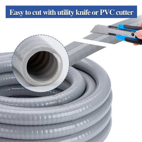 No Brainer Half Inch Liquid Tight Conduit And Connector Kit 150 Ft Flexible Non Metallic Electrical Tubing close-up of cut end showing flexibility