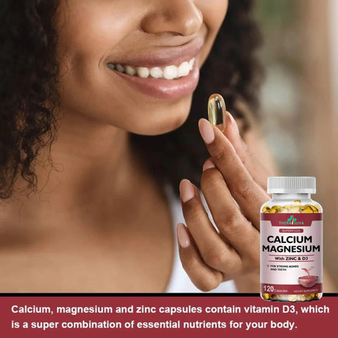 Person holding a softgel from Max Strength Calcium 1000mg With Magnesium 400mg D3 600IU And Zinc 25mg Complex bottle, 120 softgels