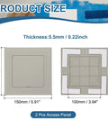 Straight Up Durable Two Pack Self Adhesive Access Panels For Drywall Walls Easy Peel Off Setup ABS Hole Covers For Plumbing Pipes And Electrical Wiring Light Grey, shown with measurements.