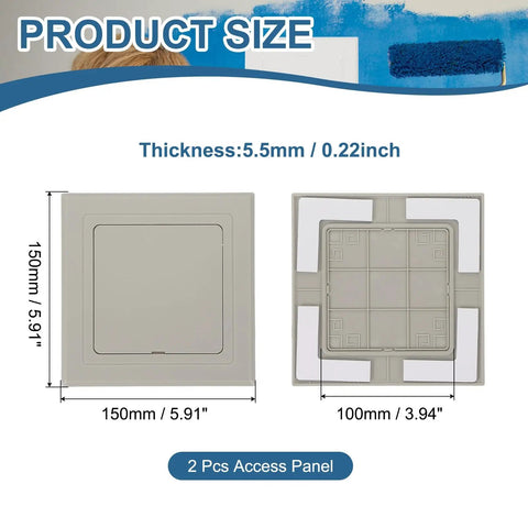 Straight Up Durable Two Pack Self Adhesive Access Panels For Drywall Walls Easy Peel Off Setup ABS Hole Covers For Plumbing Pipes And Electrical Wiring Light Grey, shown with measurements.