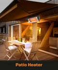 Indoor Electric Garage Heater With Ceiling Mount Radiant Quartz Heating 1500W Or 750W Work Light on patio with chairs.