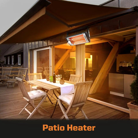 Indoor Electric Garage Heater With Ceiling Mount Radiant Quartz Heating 1500W Or 750W Work Light on patio with chairs.