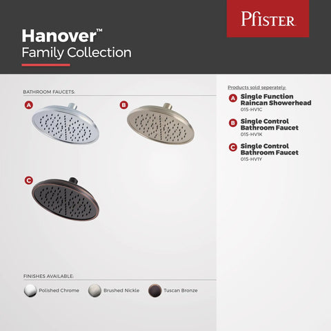 Display of Hanover Rainfall Shower Head in Tuscan Bronze with other finish options, showcasing large wide coverage.