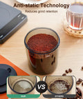 Precision Conical Burr Coffee Grinder With Smart Bluetooth Scale And 31 Adjustable Grind Settings For Home Brewers Programmable Electric Bean Mill showcasing anti-static technology for reduced grind retention.
