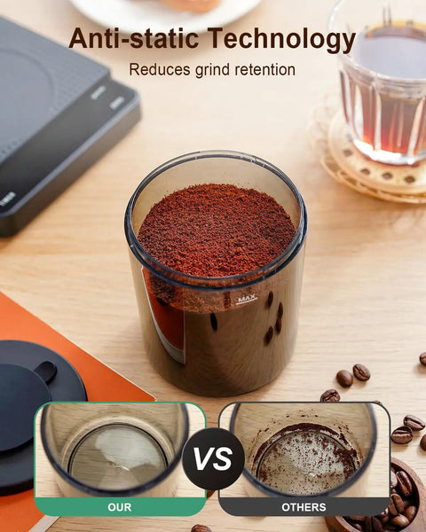 Precision Conical Burr Coffee Grinder With Smart Bluetooth Scale And 31 Adjustable Grind Settings For Home Brewers Programmable Electric Bean Mill showcasing anti-static technology for reduced grind retention.