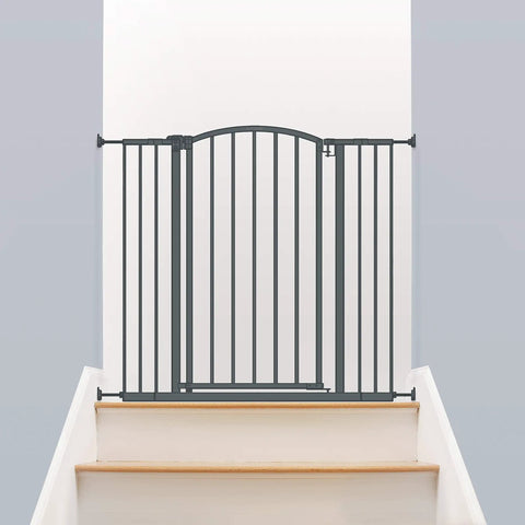 Extra Tall Decor Safety Gate For Kids And Pets In Gray Fits Openings From 28 To 38.25 Inches Wide And 36 Inches High installed on stairs