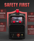 Hot Shot 140A Multi Process Welder For Pros: 110V 220V safety features display with overheating, water rating, overload indicators.
