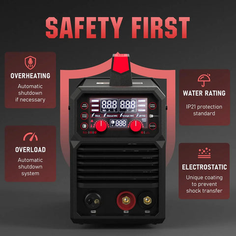 Hot Shot 140A Multi Process Welder For Pros: 110V 220V safety features display with overheating, water rating, overload indicators.