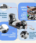 Zhrui Mini Metal Lathe Machine With 5 Pc Carbide Cutter Set, 20K Rpm Ultra Quiet Motor, All Metal Build features precision scales and max 50mm x 150mm capacity.