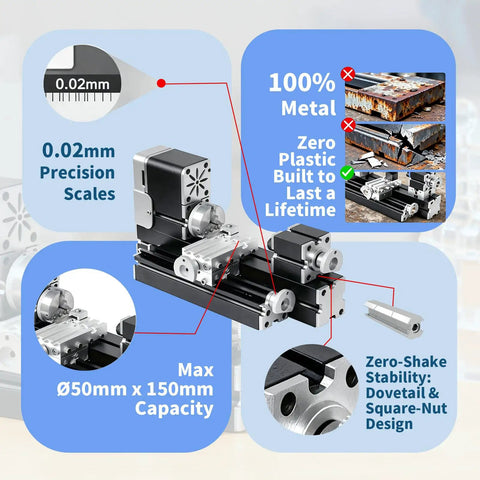 Zhrui Mini Metal Lathe Machine With 5 Pc Carbide Cutter Set, 20K Rpm Ultra Quiet Motor, All Metal Build features precision scales and max 50mm x 150mm capacity.