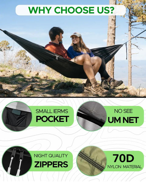 Camping Hammock With Spacious Net For Indoor Or Outdoor Use Solo Or Duo Comfort shown with couple relaxing in the hammock