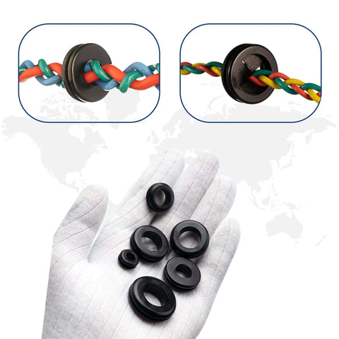 Hand holding Pro Grade Rubber Grommet Kit For Wiring Pack Of 190 showing grommets and cable threaded through grommet.